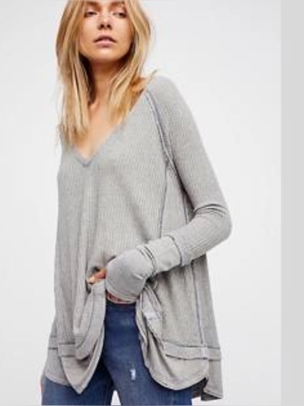 Free People We The Free Grey Thermal Long Sleeve Waffle Knit Oversized Top